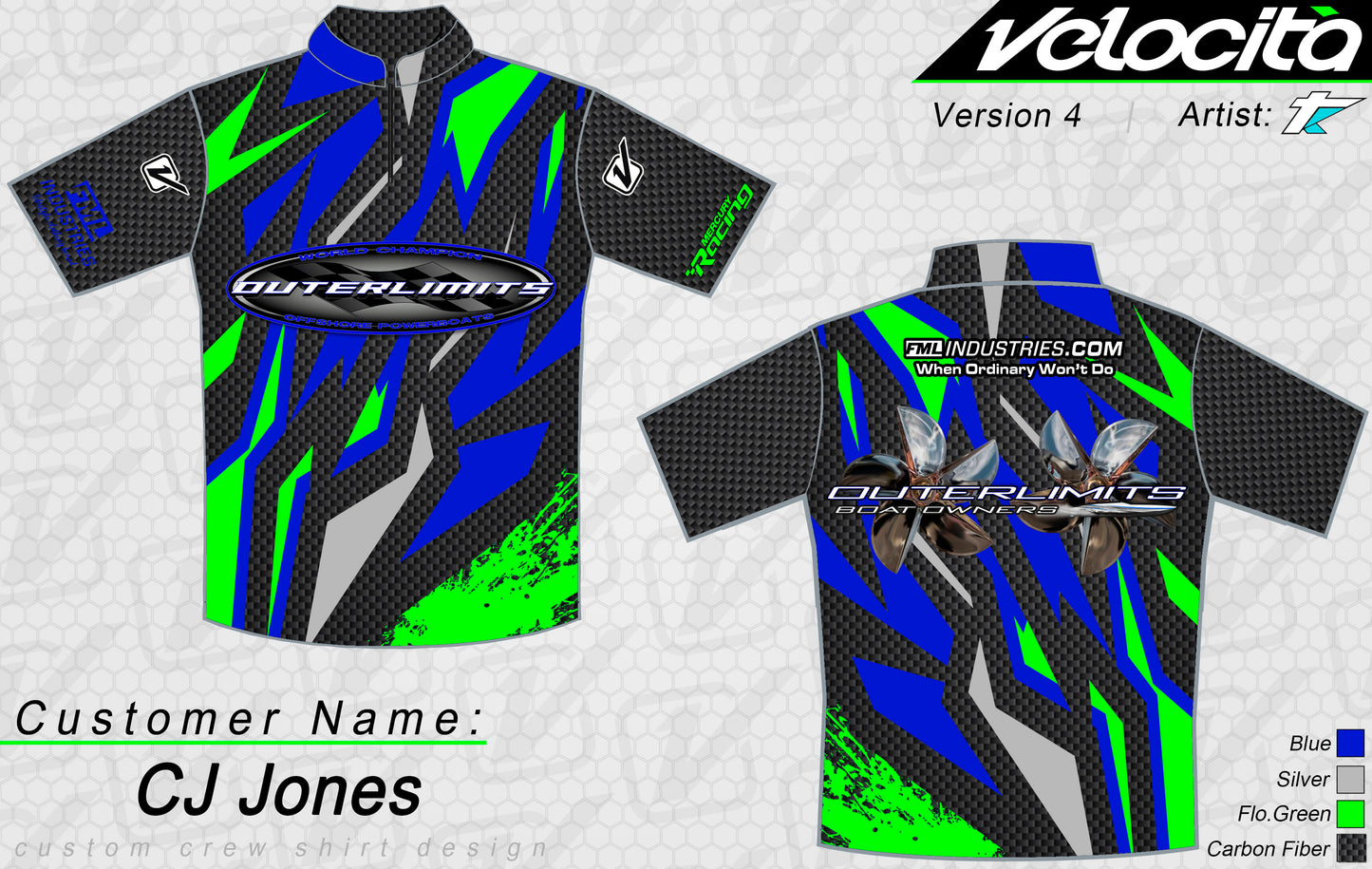 Outerlimits Blue / Green Carbon Boat Owners Crew/Team Shirts