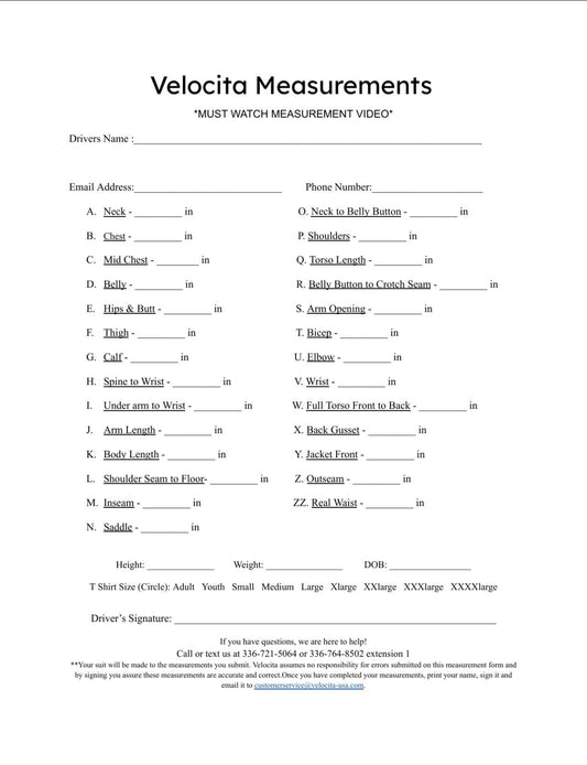 Race suit measurement chart