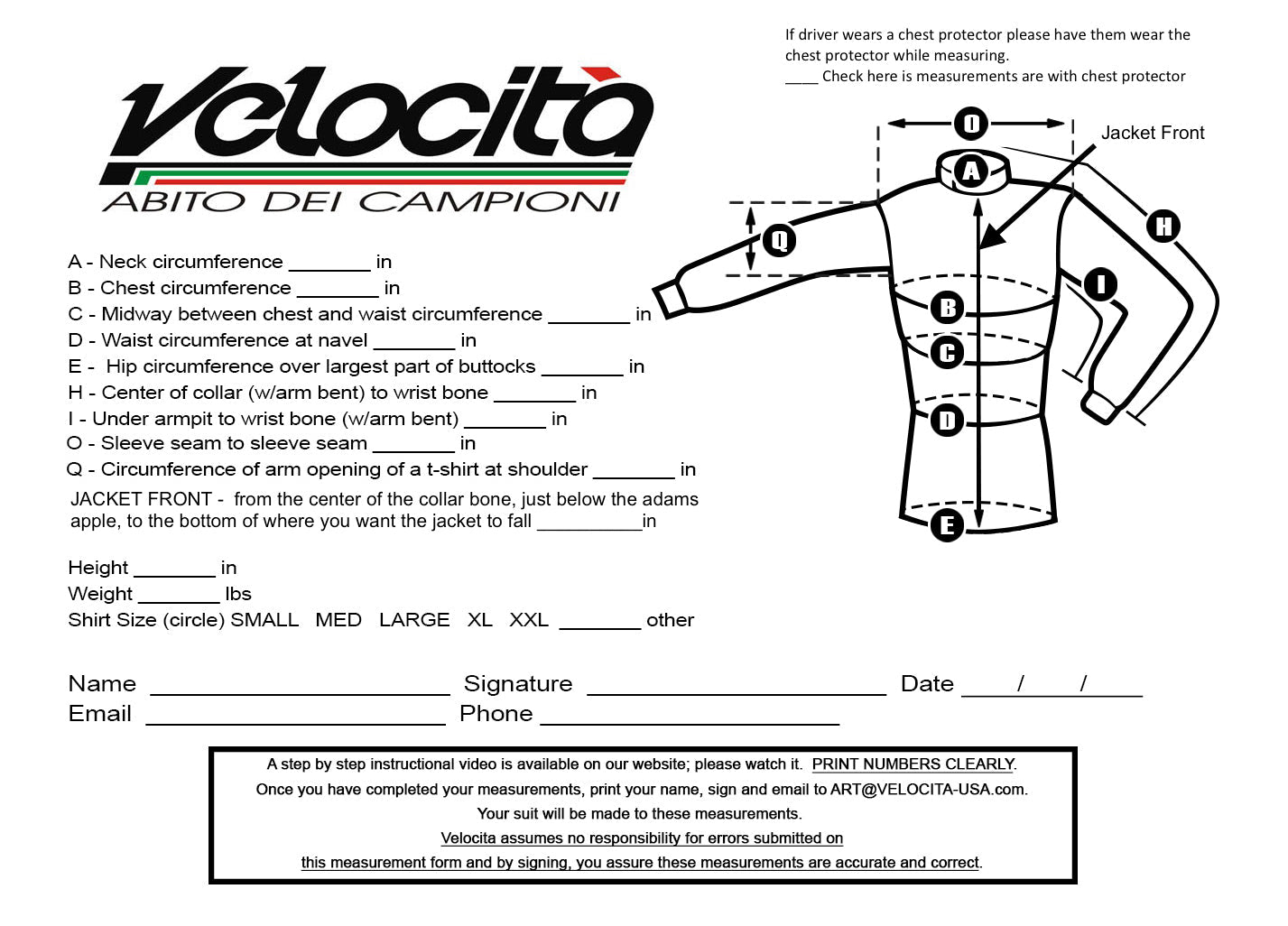 Race suit measurement chart