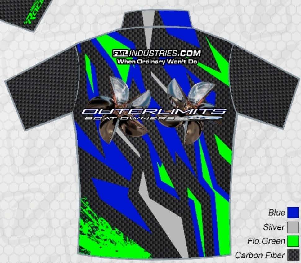 Outerlimits Blue / Green Carbon Boat Owners Crew/Team Shirts
